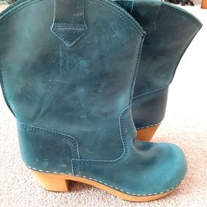SANITA Teal & Brown Clog Boots Leather Wood Heel Wedge Size 5.5  EUR 36